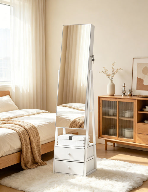 Skyhill Jewelry Cabinet Armoire, Full-Length Mirror Lockable with with 2 Drawers and Shelf（White）