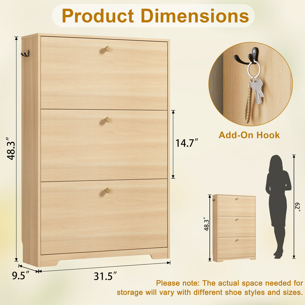 Skyhill Shoe Cabinet with 3 Flip Drawers,Modern Shoe Organizer for Entryway,Wood color