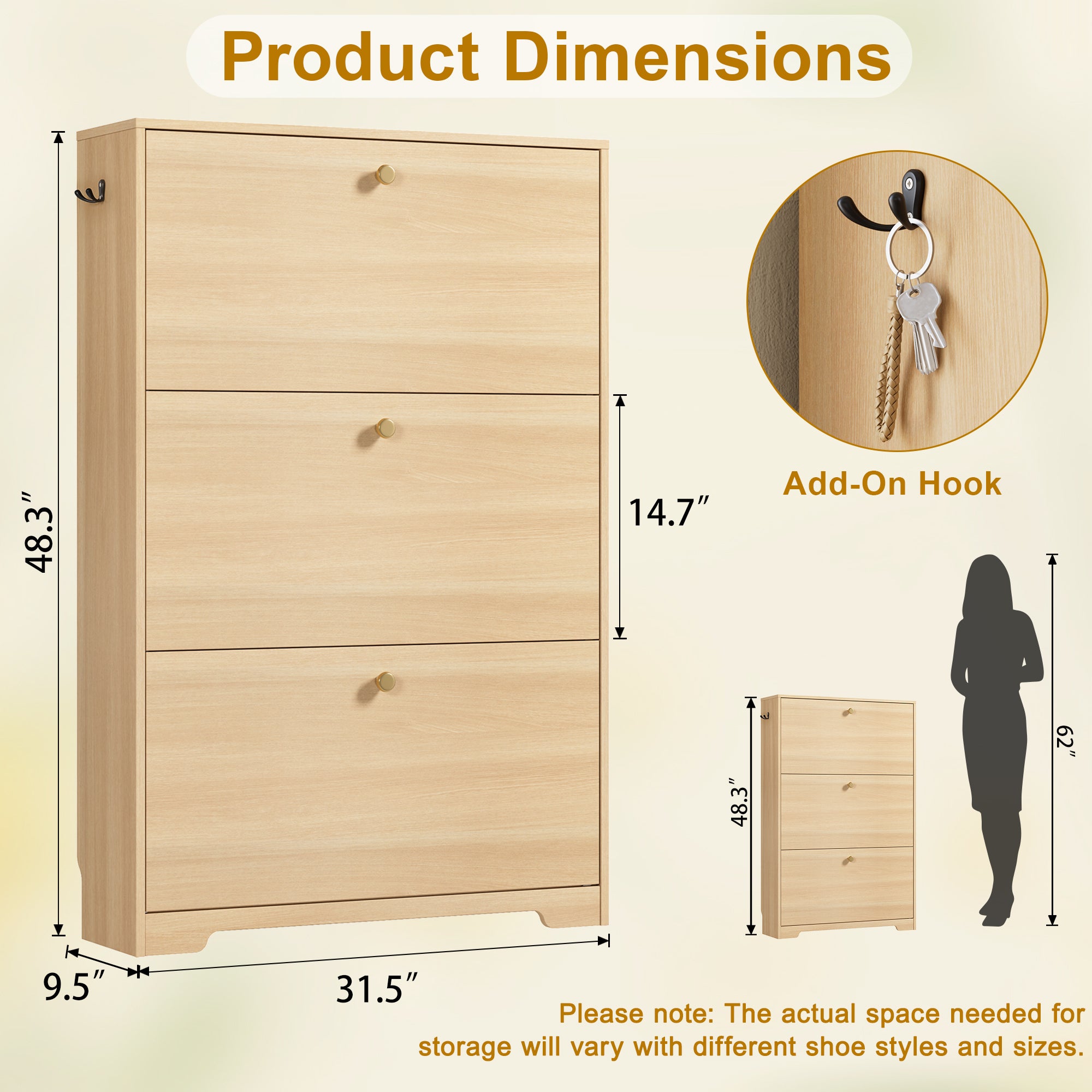 Skyhill Shoe Cabinet with 3 Flip Drawers,Modern Shoe Organizer for Entryway,Wood color