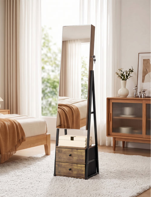 Skyhill Jewelry Cabinet Armoire, Full-Length Mirror Lockable with with 2 Drawers and Shelf（Brown）