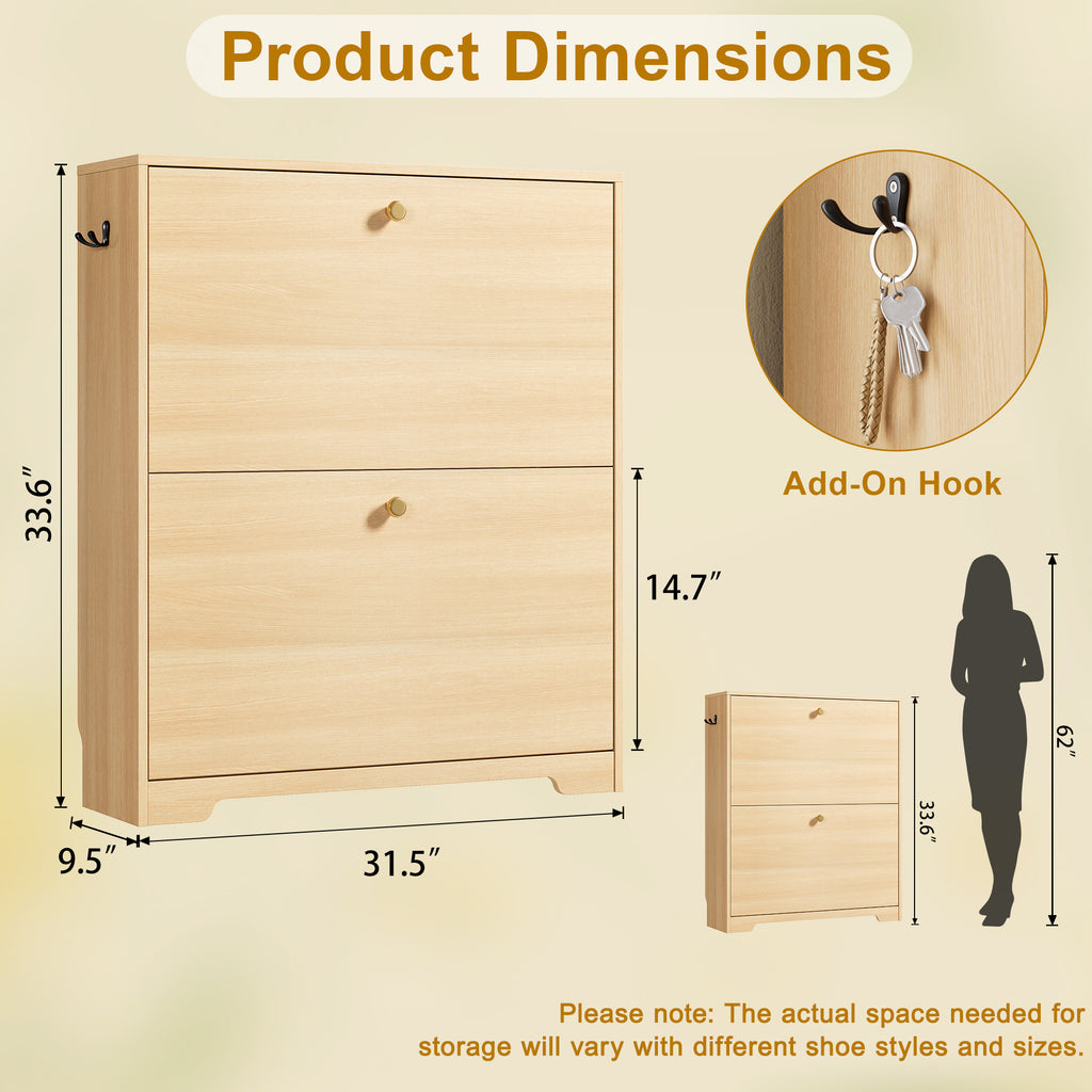 Skyhill Shoe Cabinet with 2 Flip Drawers,Modern Shoe Organizer for Entryway,Wood color