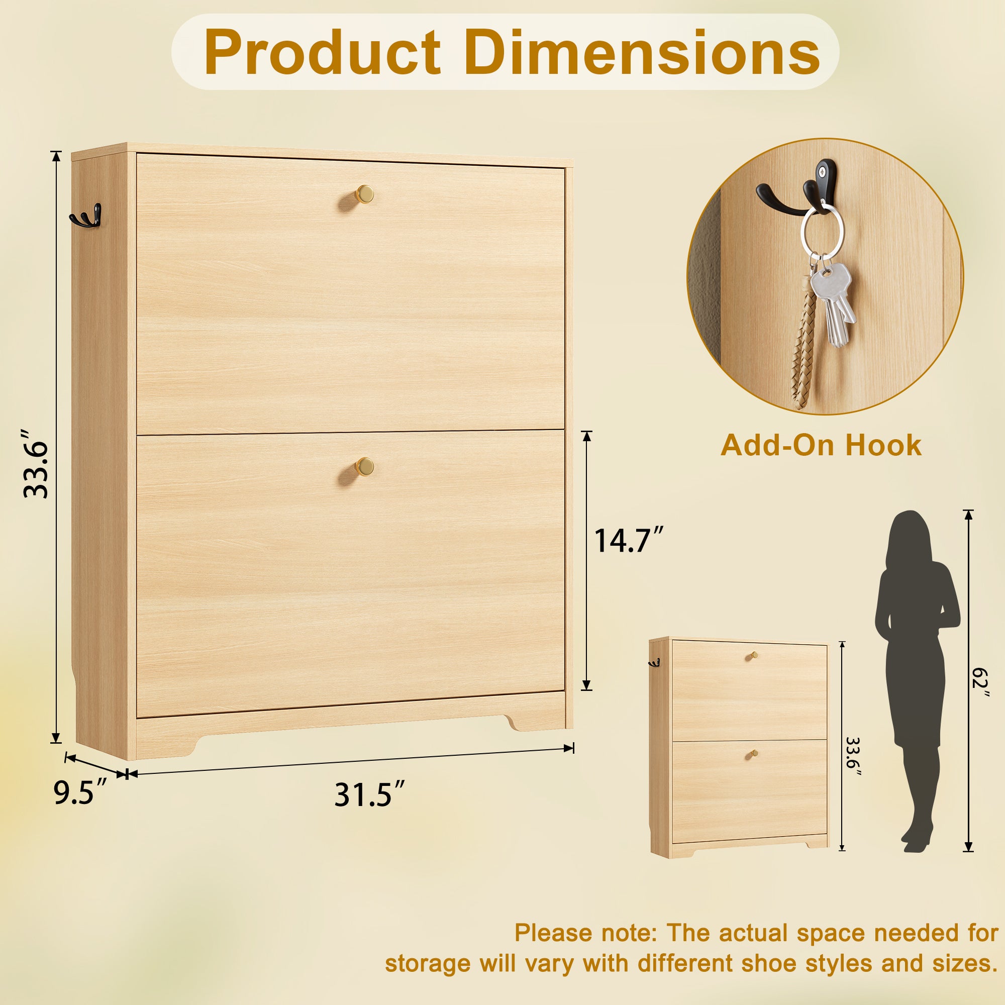 Skyhill Shoe Cabinet with 2 Flip Drawers,Modern Shoe Organizer for Entryway,Wood color