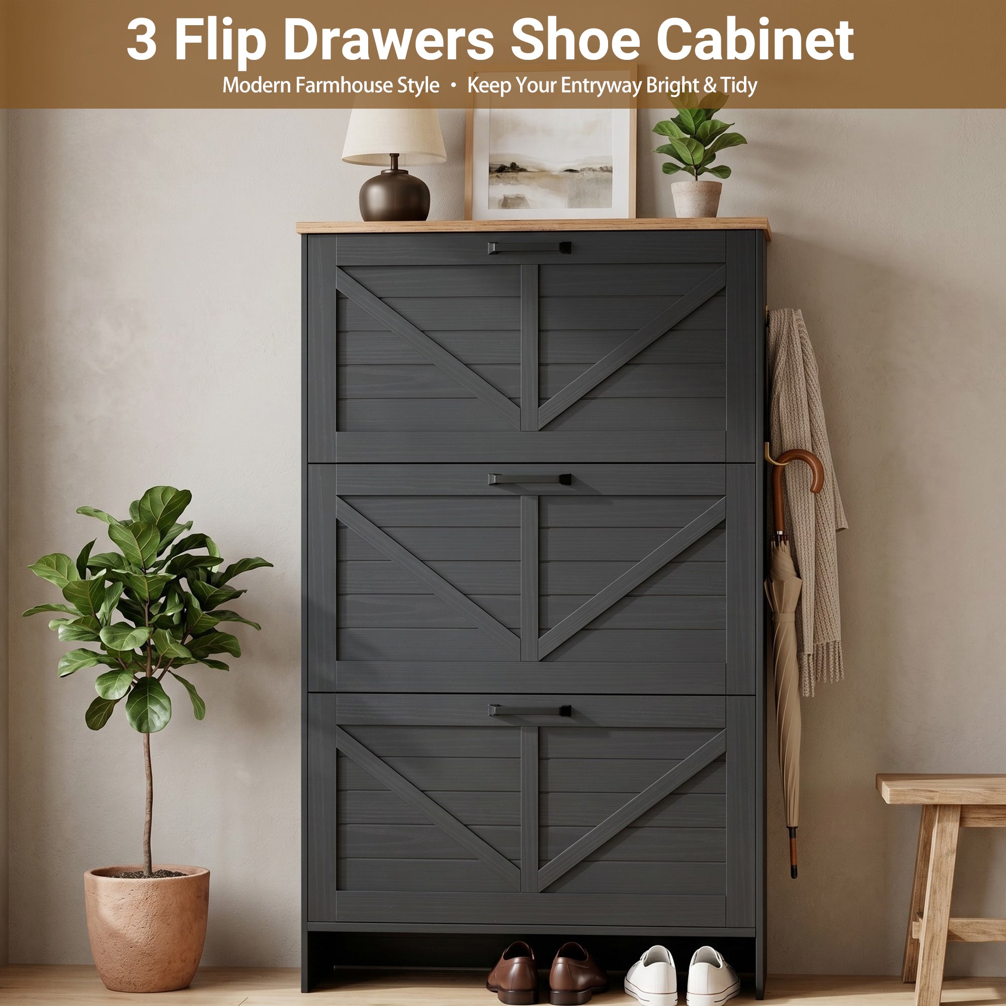 Skyhill Shoe Cabinet with 3 Flip Drawers, Farmhouse Shoe Storage Cabinet Organizer for Entryway, Black