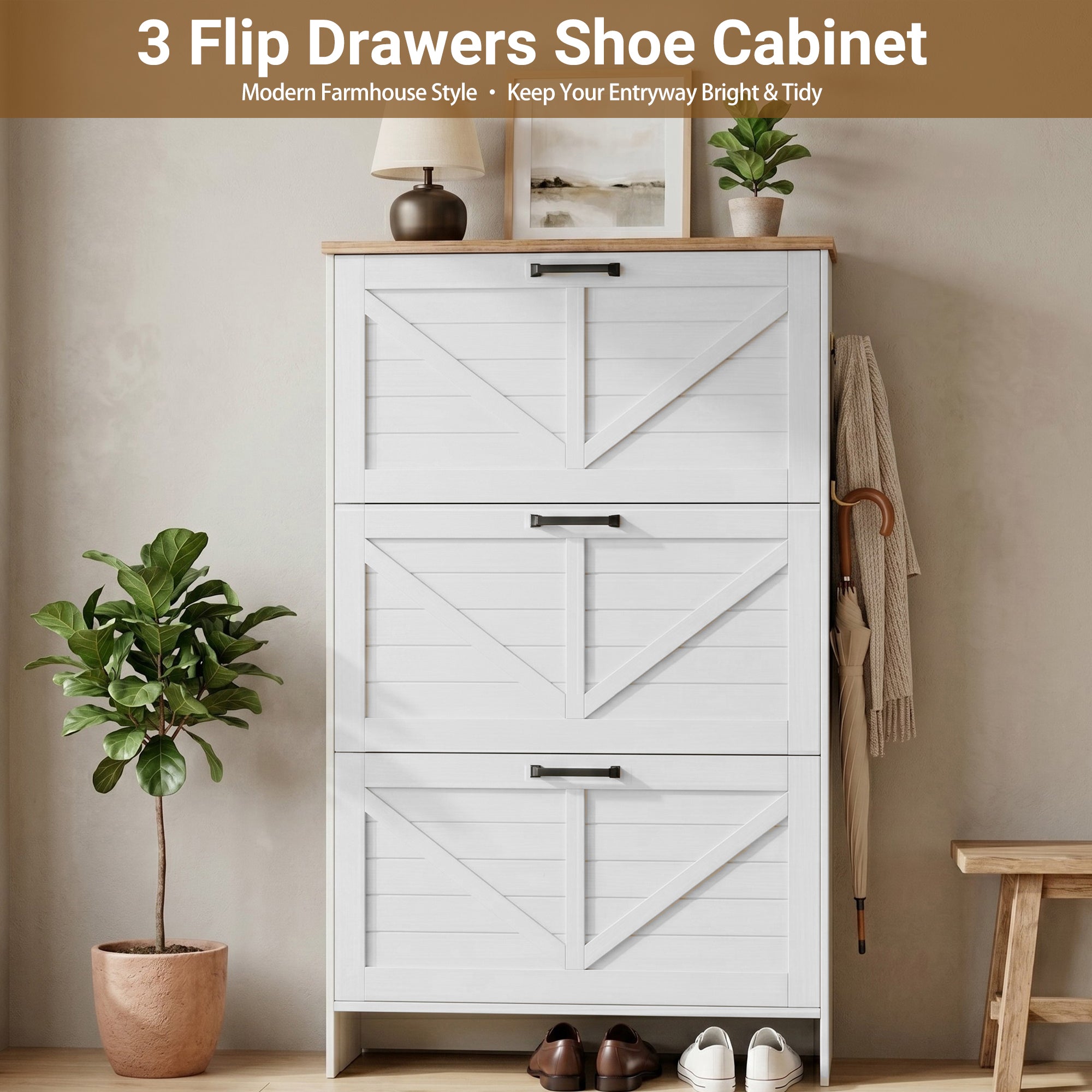 Skyhill Shoe Cabinet with 3 Flip Drawers, Farmhouse Shoe Storage Cabinet Organizer for Entryway, White