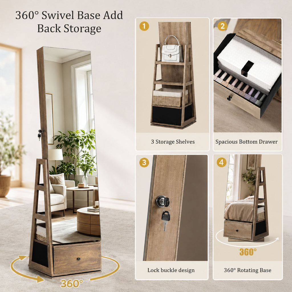 Skyhill 360°Swivel Jewelry Armoire, 60" Full Length Mirror Cabinet with 3 Rear Shelves, Bottom Drawer, Brown