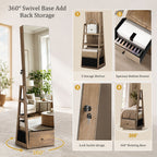 Skyhill 360°Swivel Jewelry Armoire, 60" Full Length Mirror Cabinet with 3 Rear Shelves, Bottom Drawer, Brown