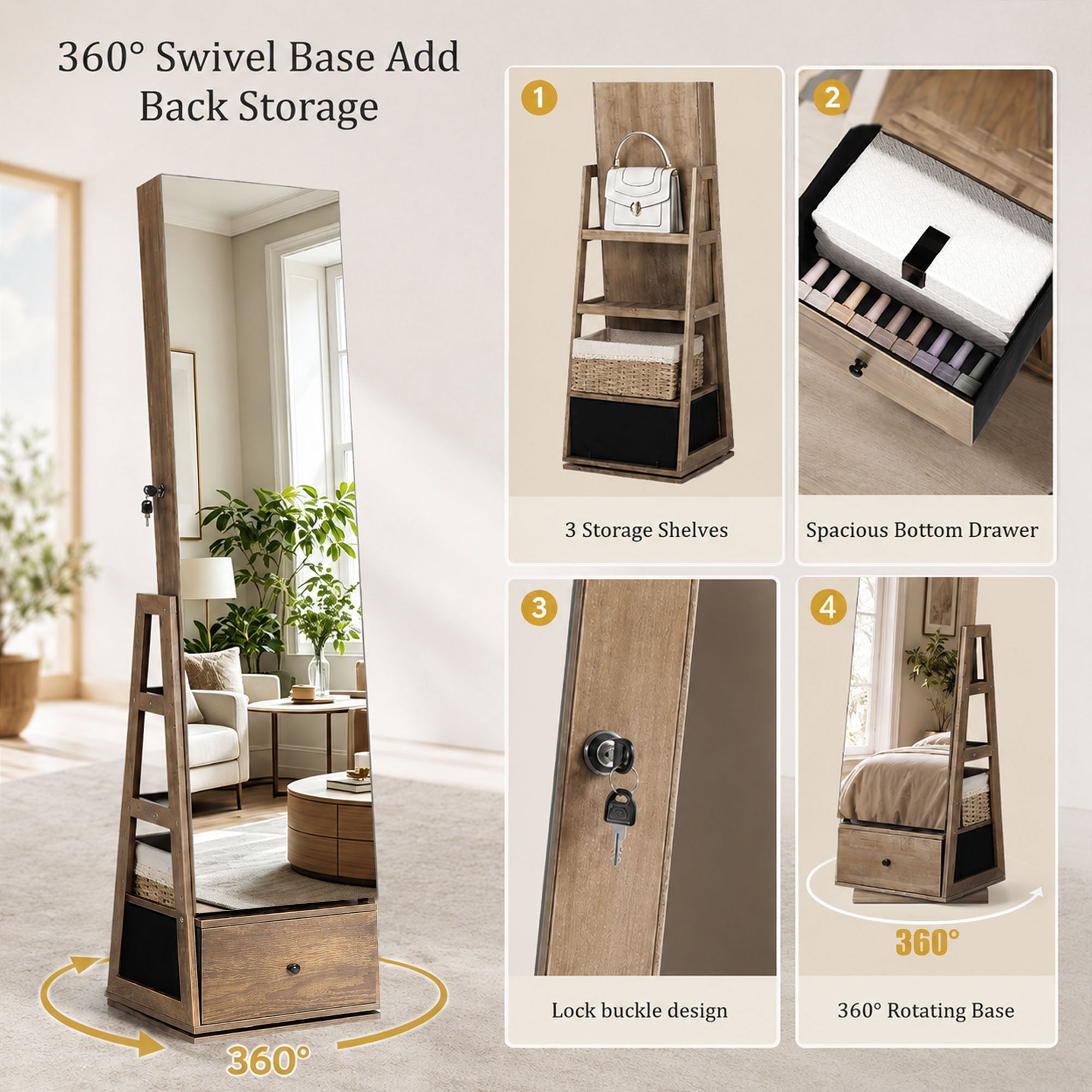 Skyhill 360°Swivel Jewelry Armoire, 60" Full Length Mirror Cabinet with 3 Rear Shelves, Bottom Drawer, Brown