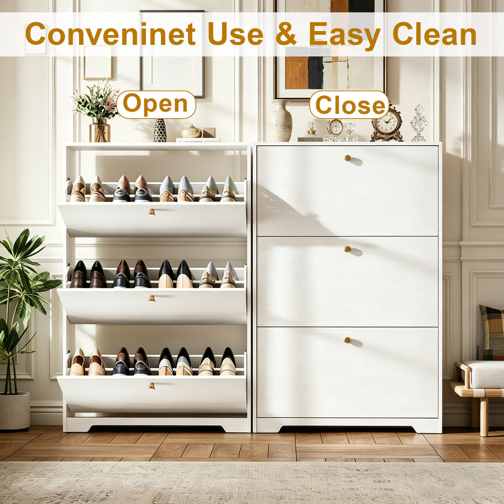 Skyhill Shoe Cabinet with 3 Flip Drawers,Modern Shoe Organizer for Entryway,White