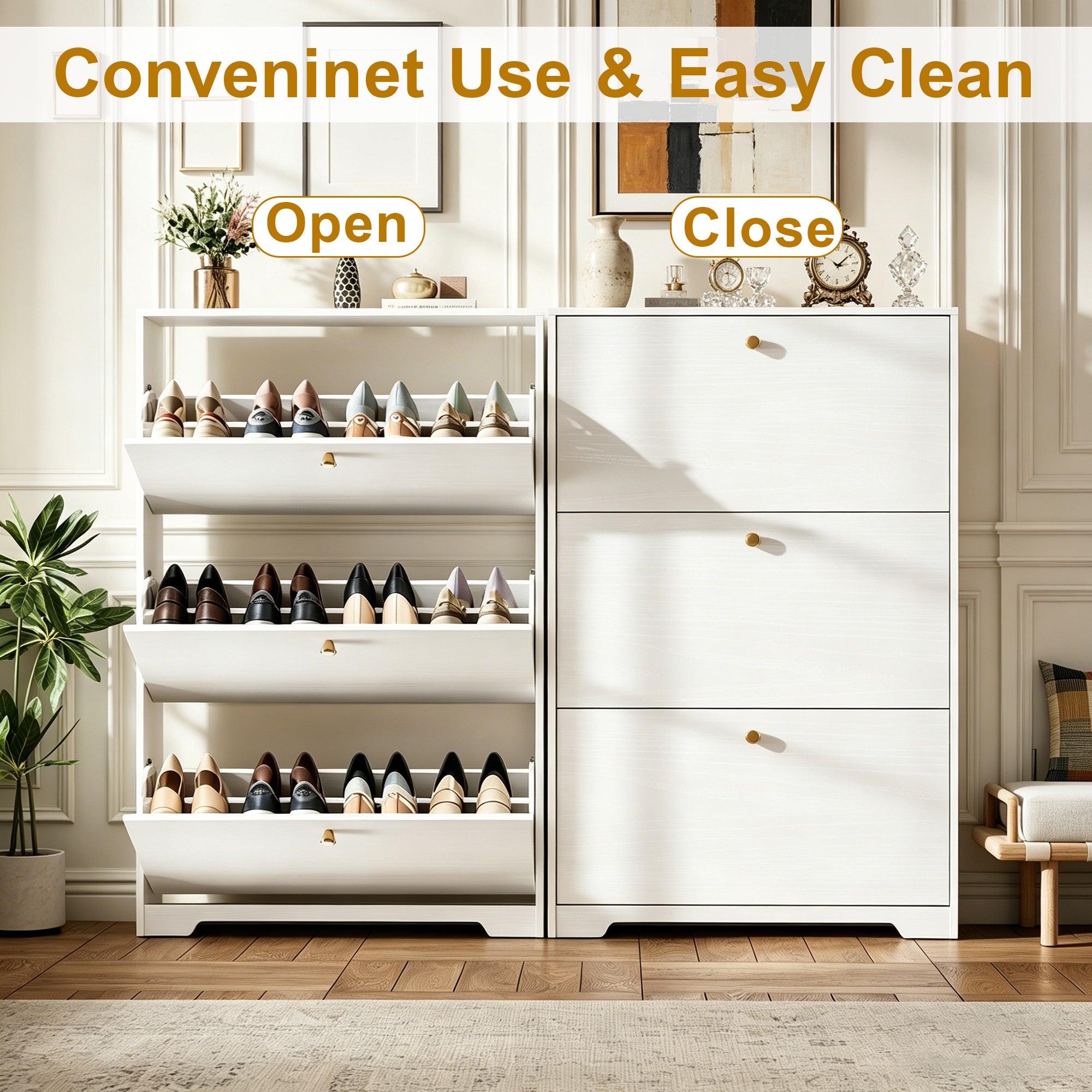Skyhill Shoe Cabinet with 3 Flip Drawers,Modern Shoe Organizer for Entryway,White