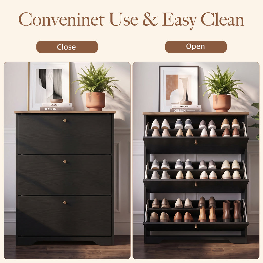 Skyhill Shoe Cabinet with 3 Flip Drawers,Freestanding Shoe Storage Organizer,White & Walnut 2-Tone Narrow Shoe Rack for Entryway,Black