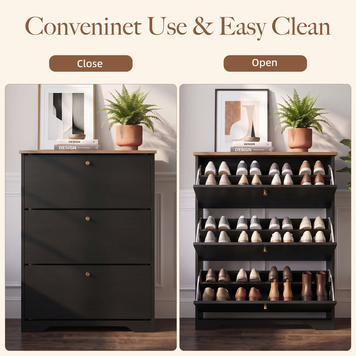 Skyhill Shoe Cabinet with 3 Flip Drawers,Freestanding Shoe Storage Organizer,White & Walnut 2-Tone Narrow Shoe Rack for Entryway,Black