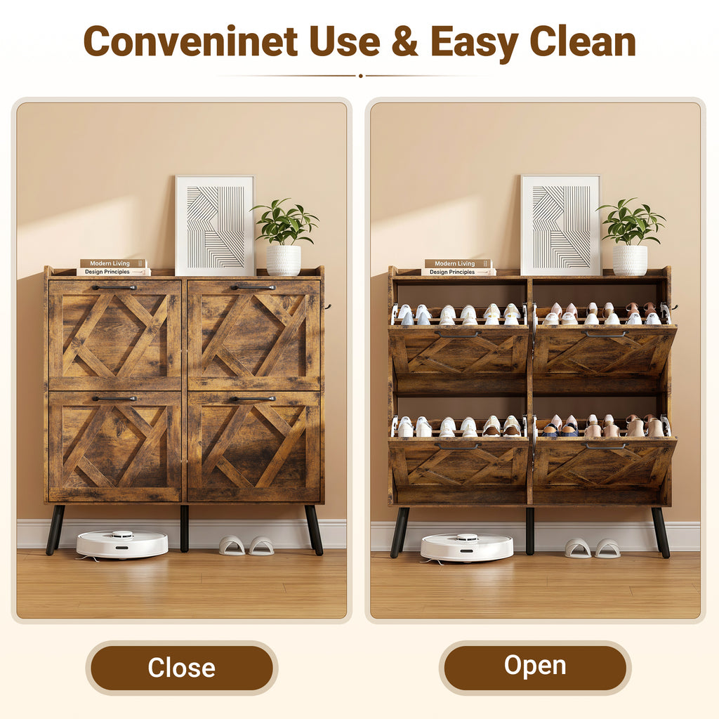 Skyhill Shoe Cabinet with 4 Flip Drawers,Farmhouse Shoe Storage Organizer for Entryway,Brown