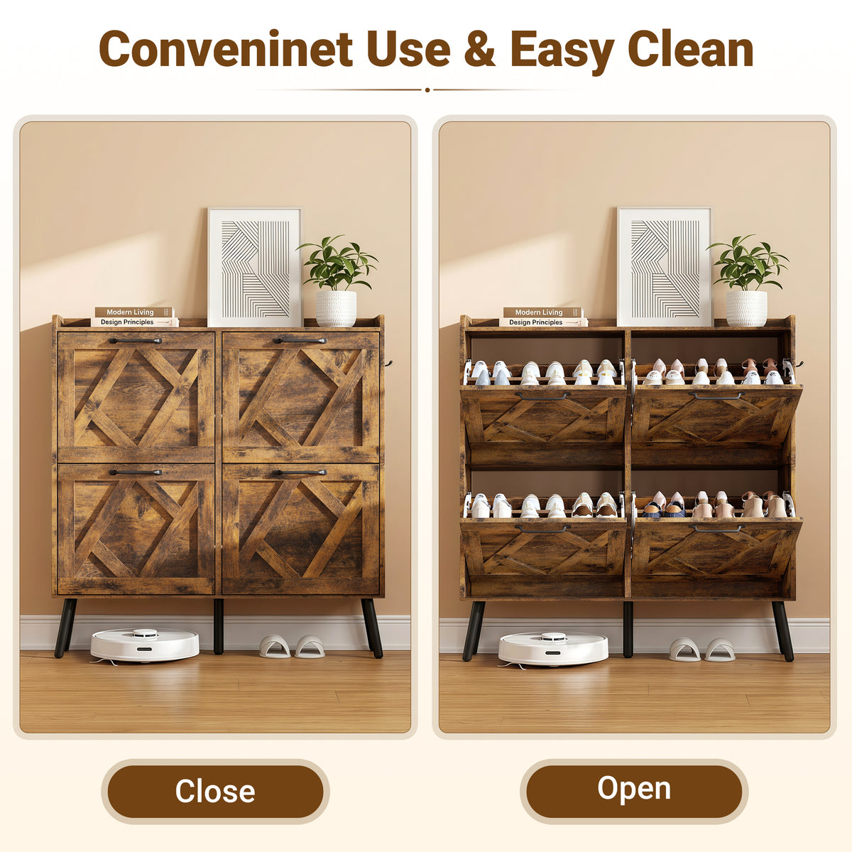 Skyhill Shoe Cabinet with 4 Flip Drawers,Farmhouse Shoe Storage Organizer for Entryway,Brown