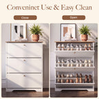 Skyhill Shoe Cabinet with 3 Flip Drawers,Freestanding Shoe Storage Organizer,White & Walnut 2-Tone Narrow Shoe Rack for Entryway,White