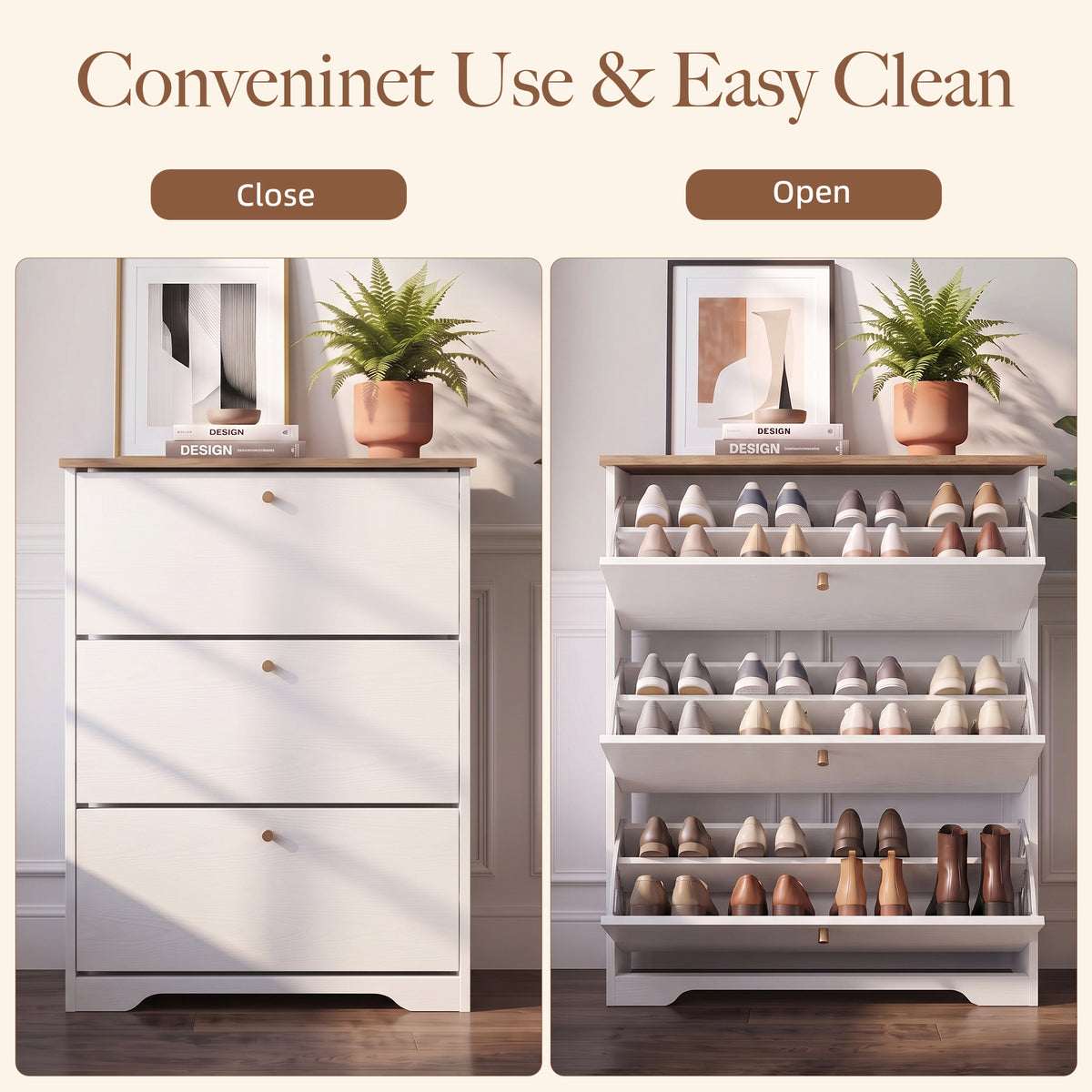 Skyhill Shoe Cabinet with 3 Flip Drawers,Freestanding Shoe Storage Organizer,White & Walnut 2-Tone Narrow Shoe Rack for Entryway,White