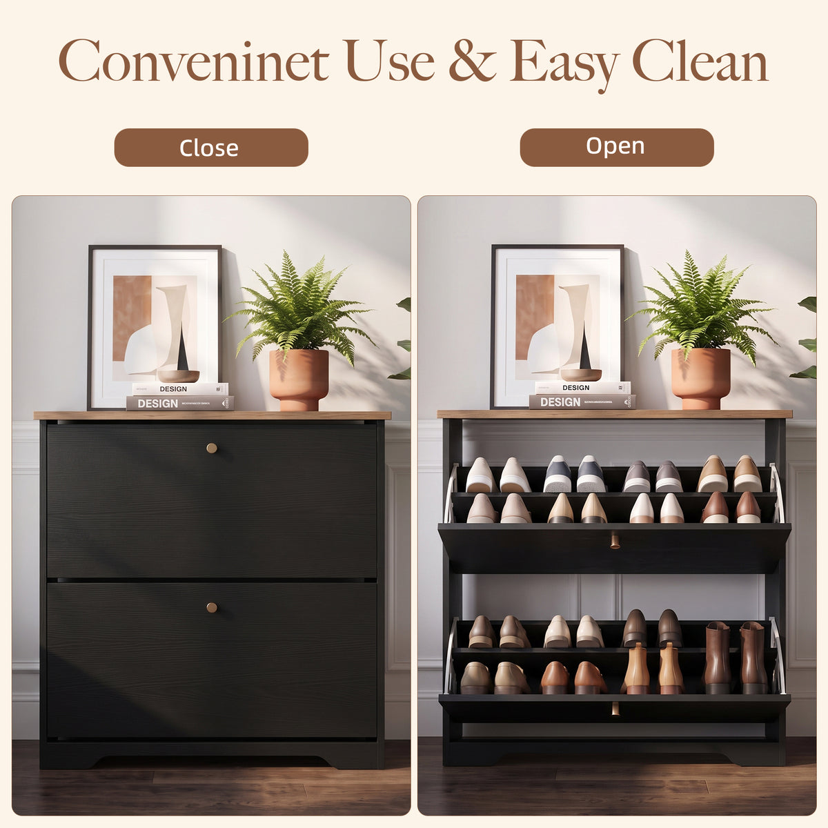 Skyhill Shoe Cabinet with 2 Flip Drawers,Freestanding Shoe Storage Organizer,White & Walnut 2-Tone Narrow Shoe Rack for Entryway,Black