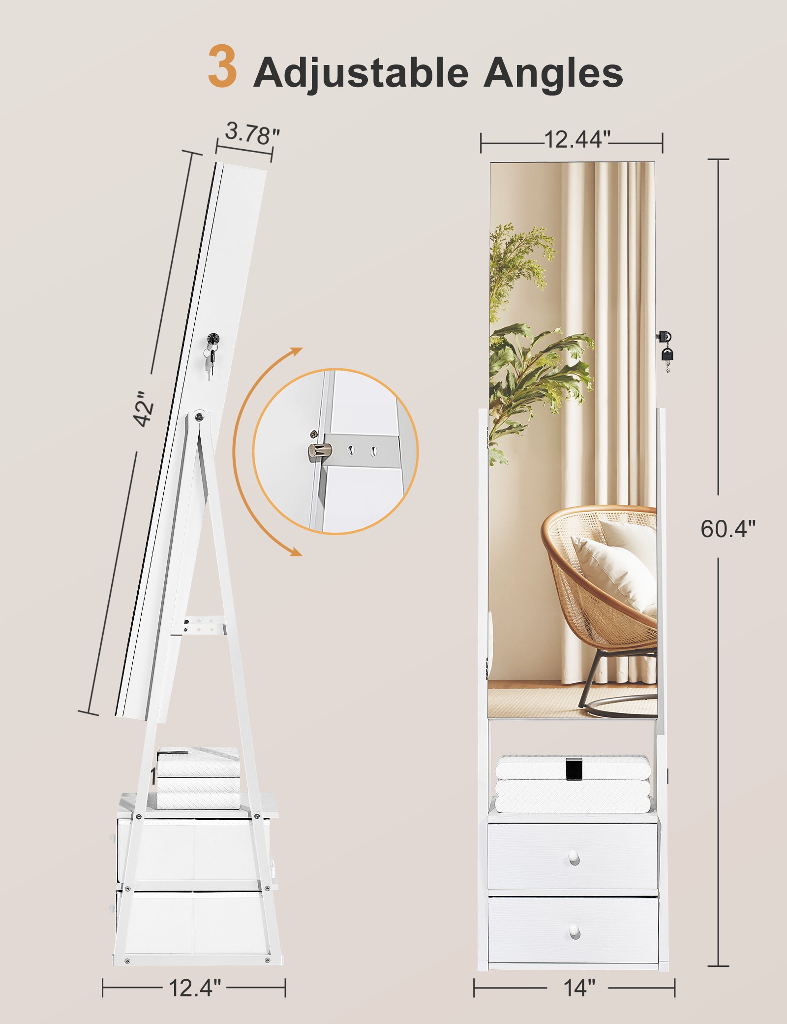 Skyhill Jewelry Cabinet Armoire, Full-Length Mirror Lockable with with 2 Drawers and Shelf（White）