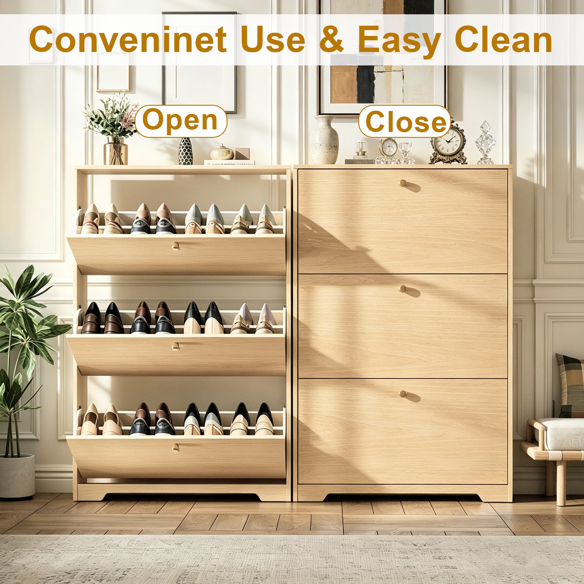Skyhill Shoe Cabinet with 3 Flip Drawers,Modern Shoe Organizer for Entryway,Wood color
