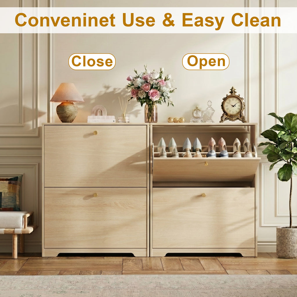 Skyhill Shoe Cabinet with 2 Flip Drawers,Modern Shoe Organizer for Entryway,Wood color