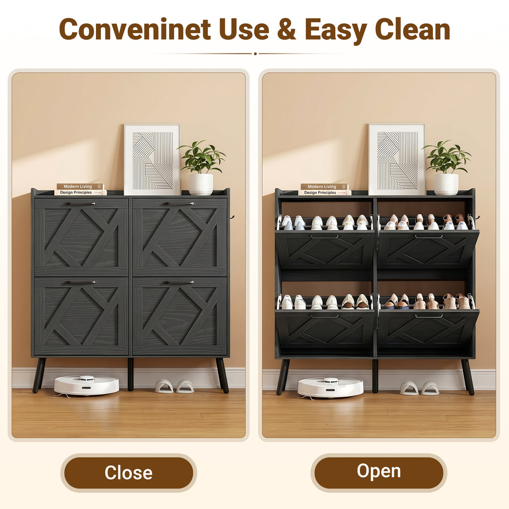 Skyhill Shoe Cabinet with 4 Flip Drawers,Farmhouse Shoe Storage Organizer for Entryway,Black