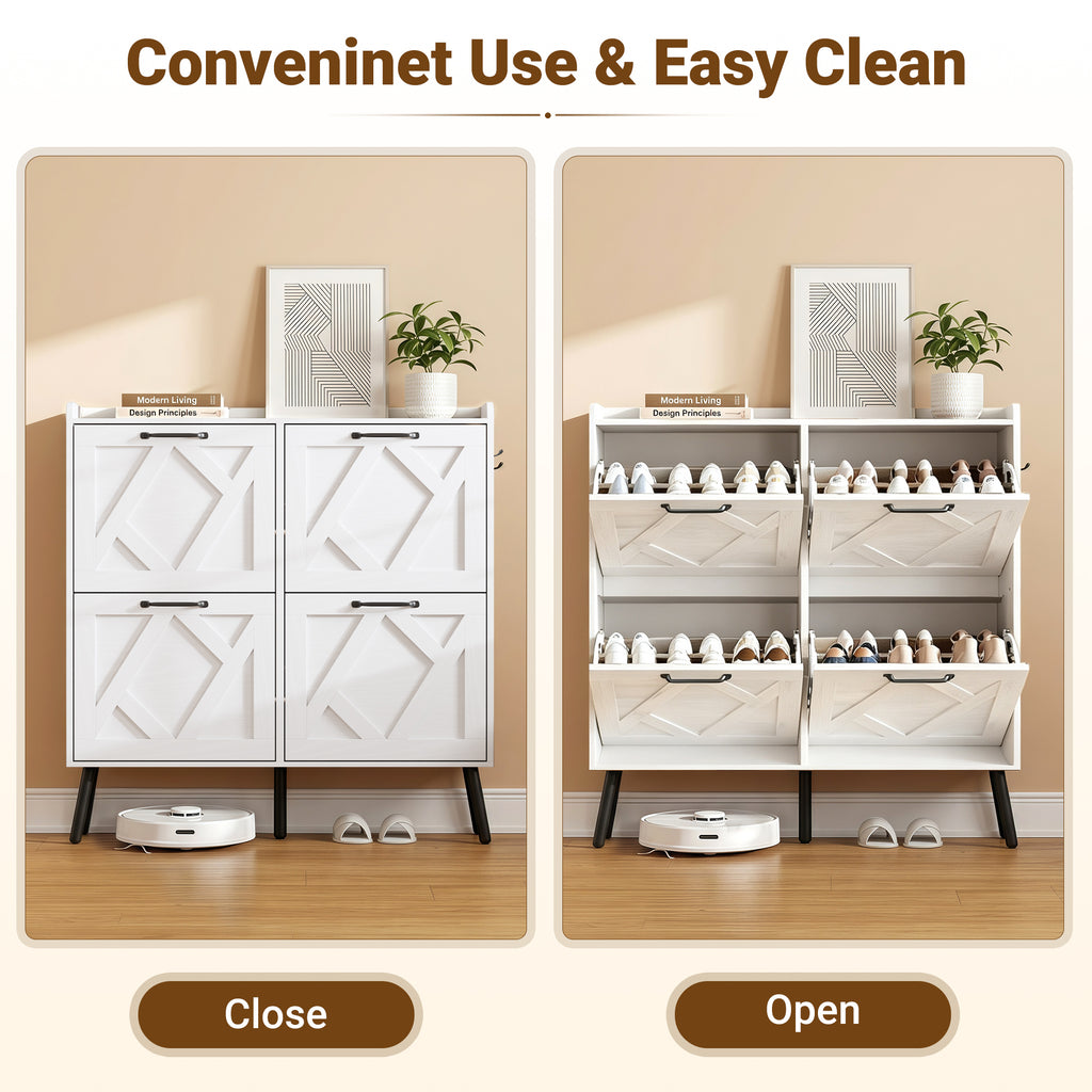 Skyhill Shoe Cabinet with 4 Flip Drawers,Farmhouse Shoe Storage Organizer for Entryway,White