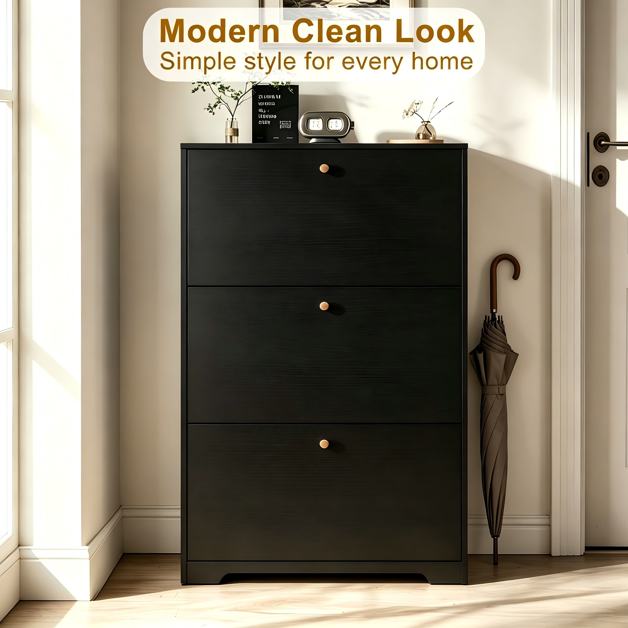Skyhill Shoe Cabinet with 3 Flip Drawers,Modern Shoe Organizer for Entryway,Black