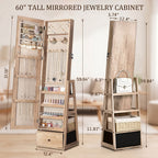 Skyhill 360°Swivel Jewelry Armoire, 60" Full Length Mirror Cabinet with 3 Rear Shelves, Bottom Drawer, Oak