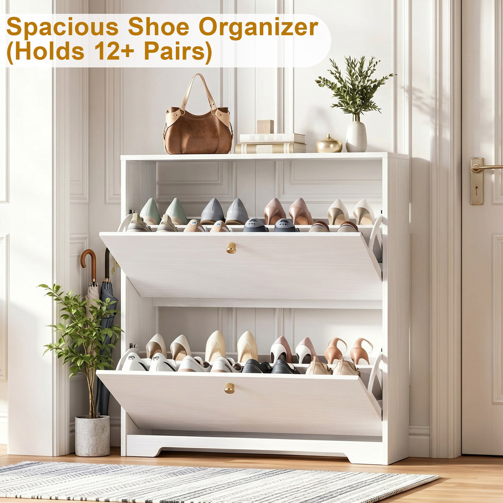 Skyhill Shoe Cabinet with 2 Flip Drawers,Modern Shoe Organizer for Entryway,White