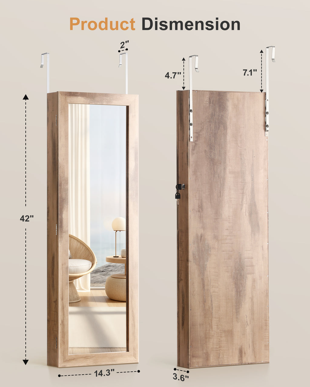 Skyhill Mirror Jewelry Cabinet, 40in Jewelry Armoire Organizer, Door or Wall Mounted, 6 LED Lights（Oak）
