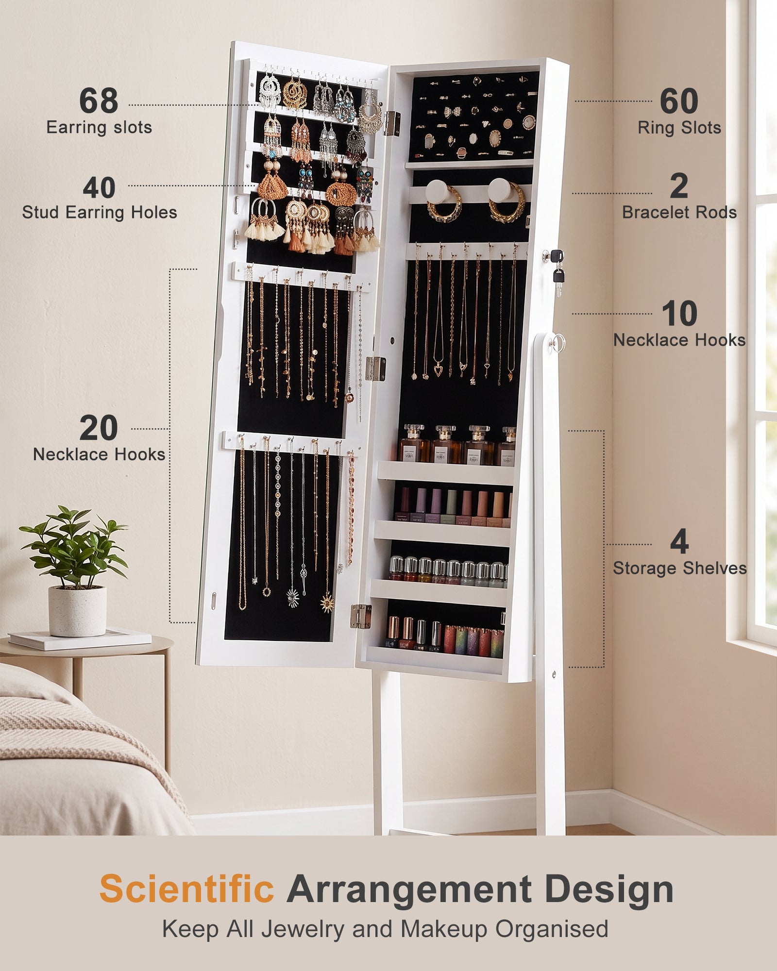 Skyhill Jewelry Armoire, Freestanding Full-Length Mirror Jewelry Cabinet, Jewelry Armoire Cabinet with Makeup Storage