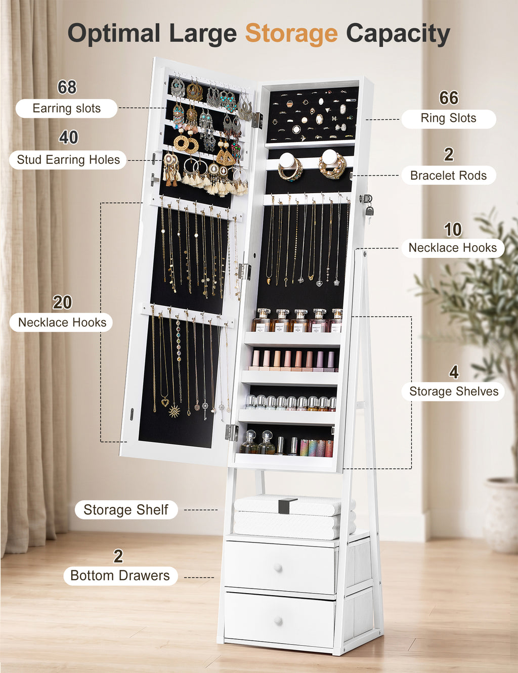 Skyhill Jewelry Cabinet Armoire, Full-Length Mirror Lockable with with 2 Drawers and Shelf（White）