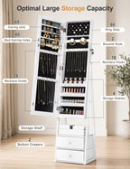 Skyhill Jewelry Cabinet Armoire, Full-Length Mirror Lockable with with 2 Drawers and Shelf（White）
