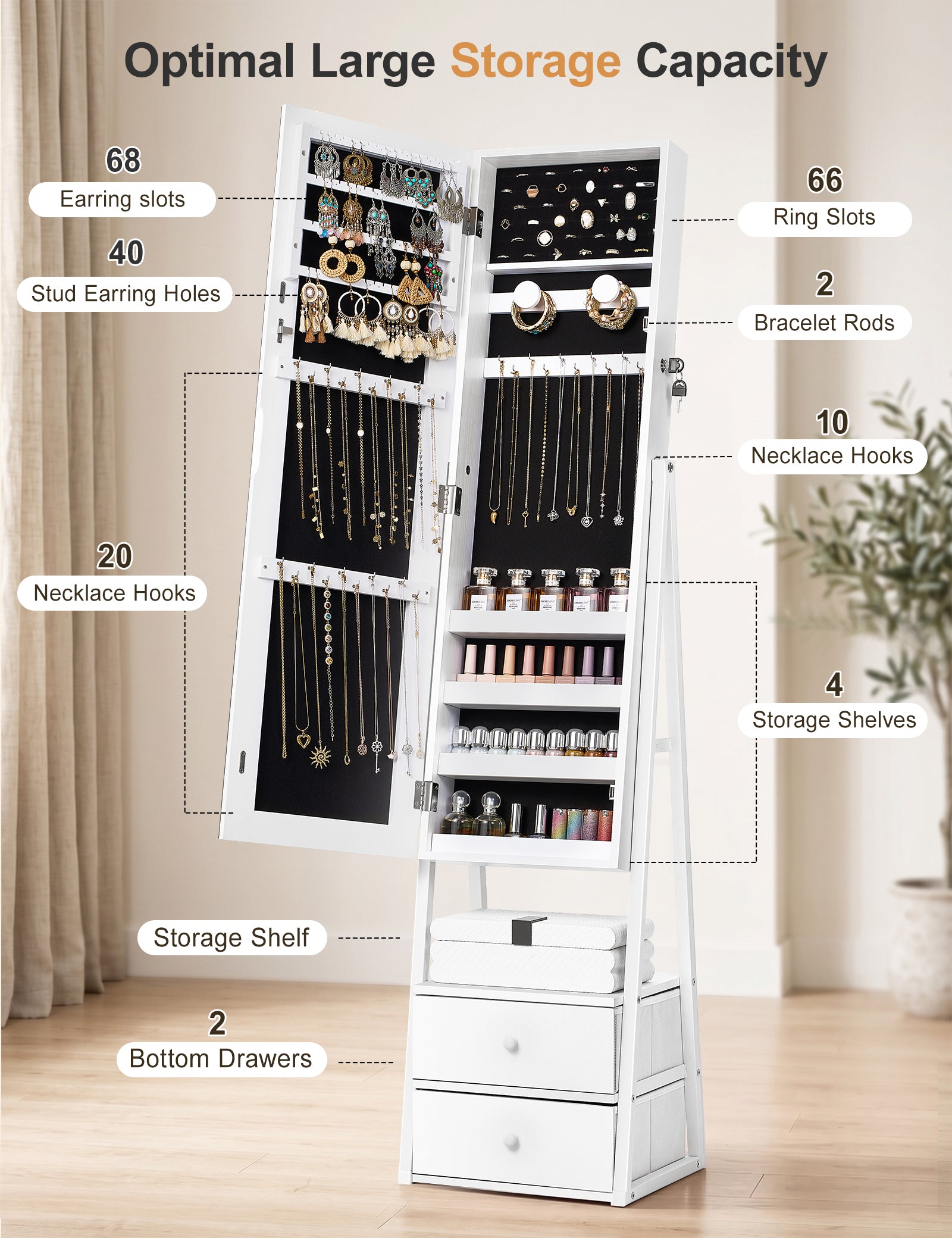 Skyhill Jewelry Cabinet Armoire, Full-Length Mirror Lockable with with 2 Drawers and Shelf（White）