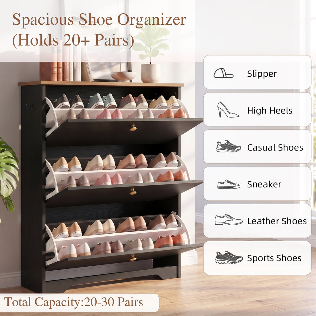 Skyhill Shoe Cabinet with 3 Flip Drawers,Freestanding Shoe Storage Organizer,White & Walnut 2-Tone Narrow Shoe Rack for Entryway,Black