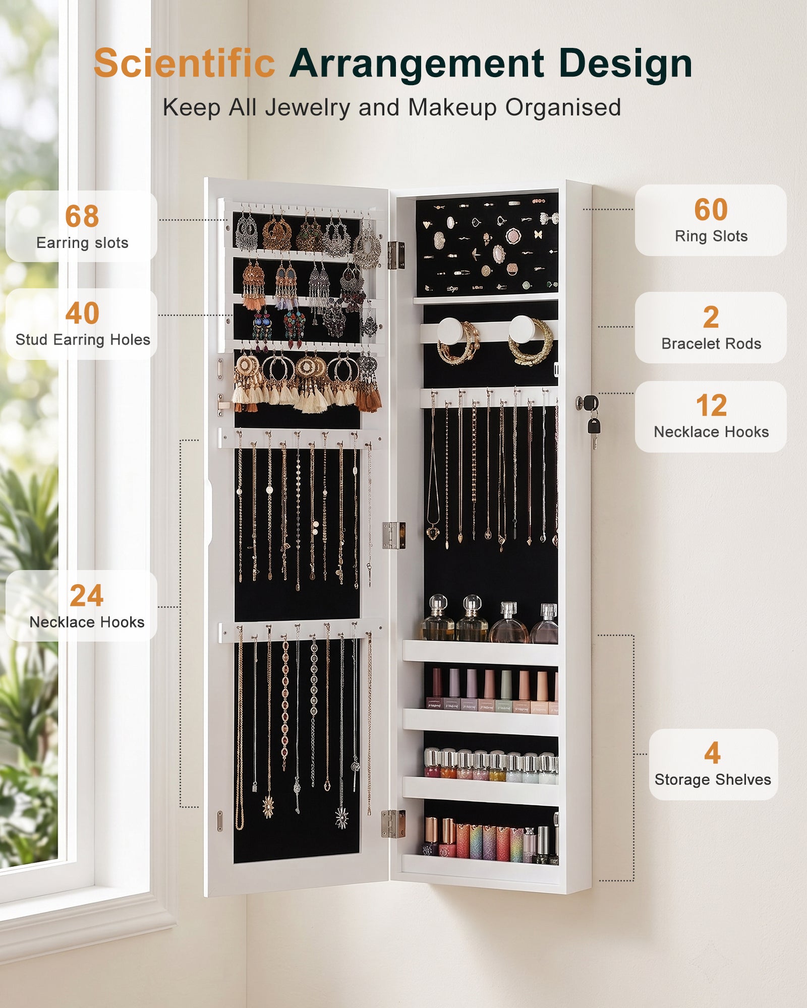 Skyhill Jewelry Cabinet,40in Jewelry Armoire Organizer,Mirror without borders,Door or Wall Mounted（White）