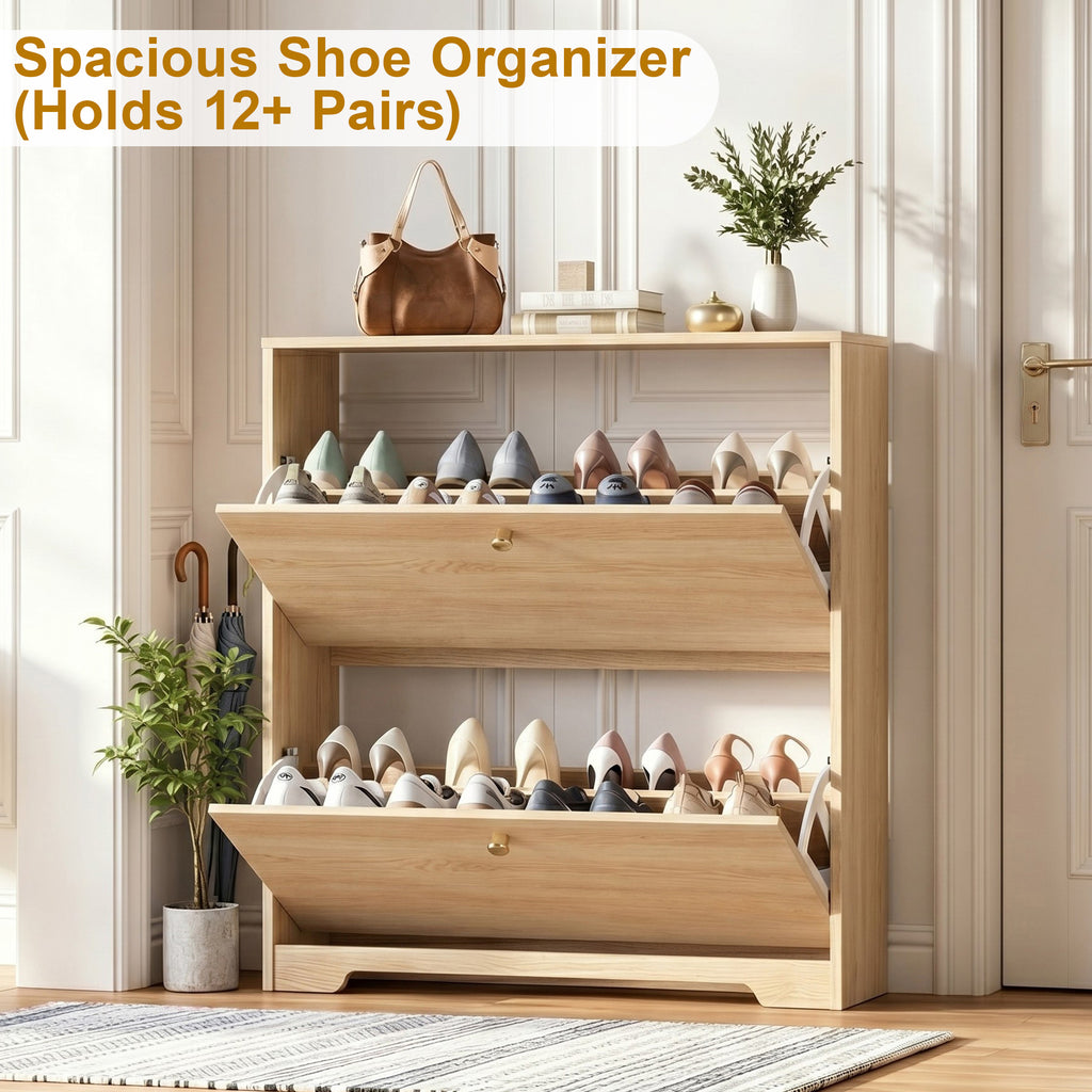 Skyhill Shoe Cabinet with 2 Flip Drawers,Modern Shoe Organizer for Entryway,Wood color
