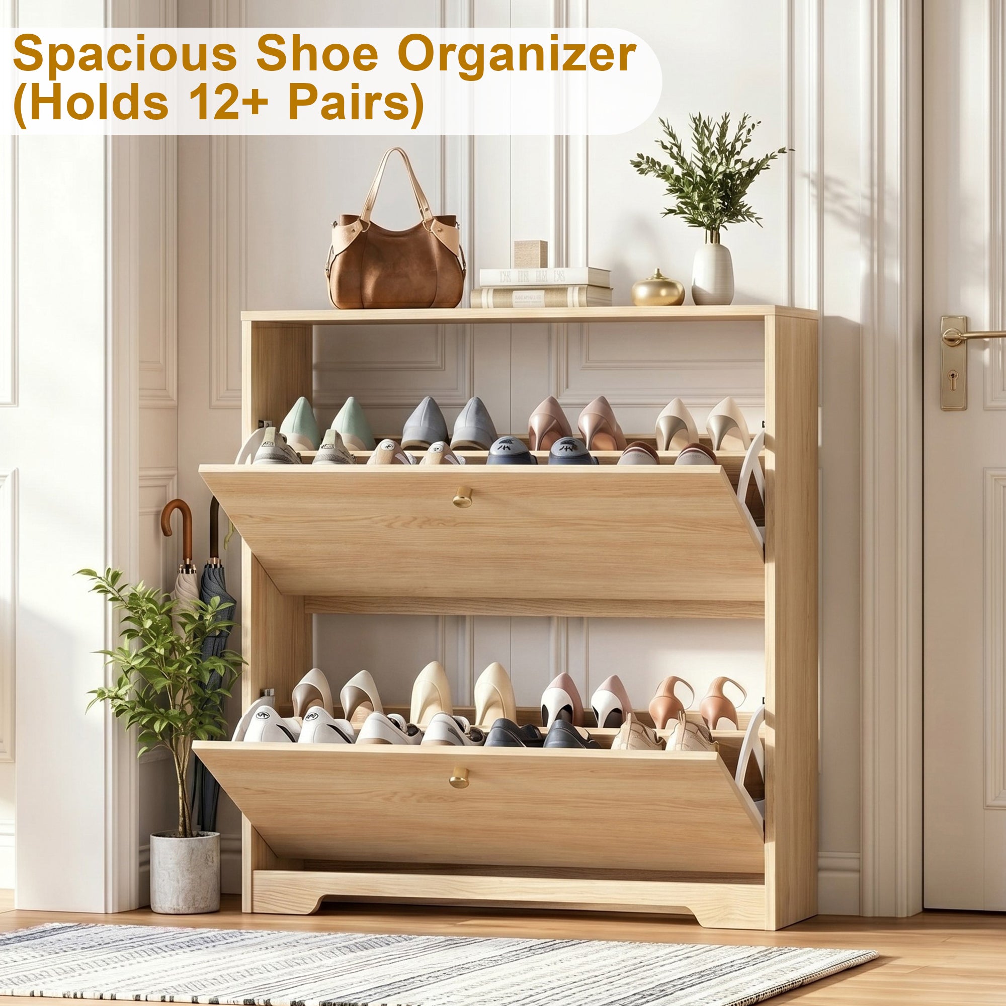Skyhill Shoe Cabinet with 2 Flip Drawers,Modern Shoe Organizer for Entryway,Wood color
