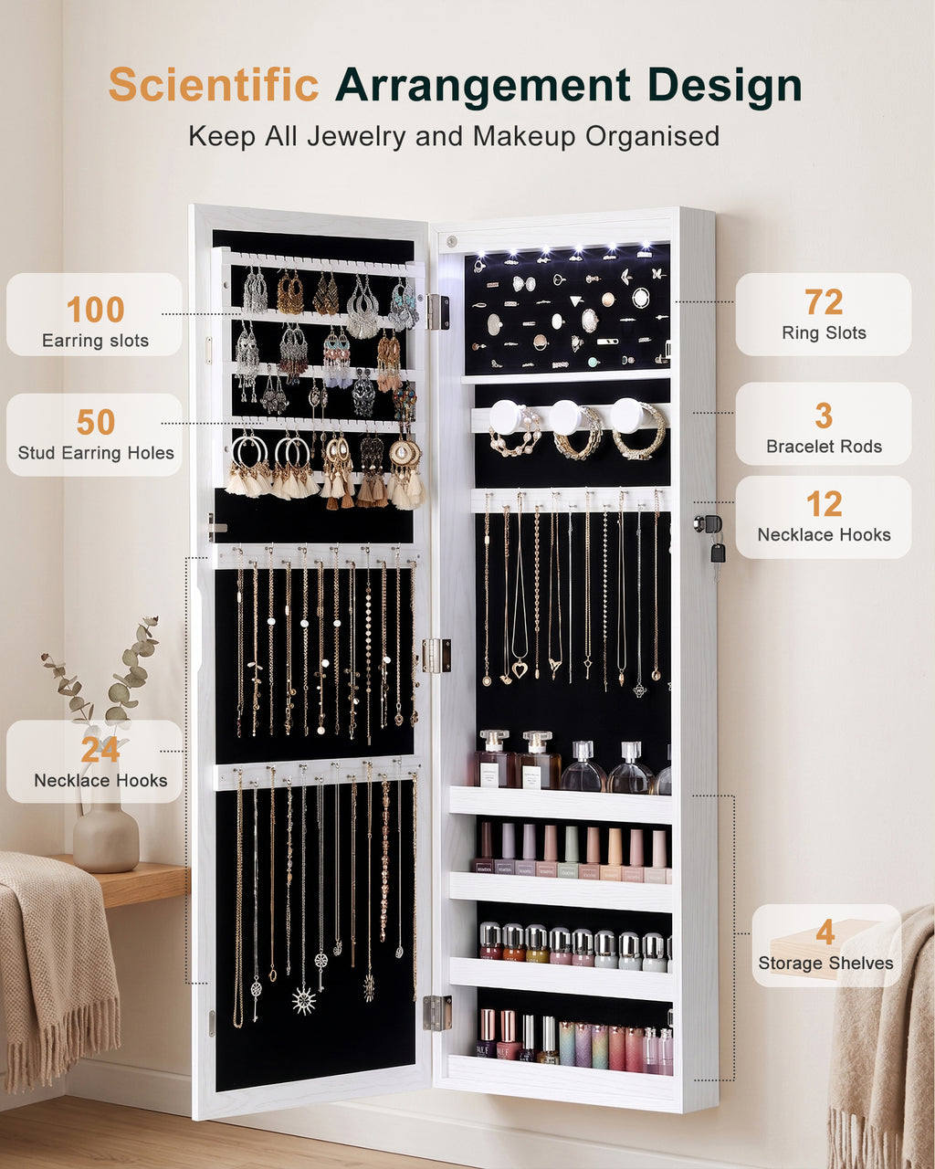 Skyhill Mirror Jewelry Cabinet，Jewelry Armoire Organizer with Makeup Storage，Door or Wall Mounted， 6 LED Lights（White）
