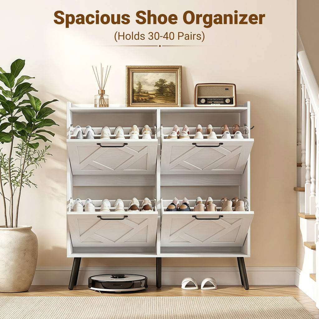 Skyhill Shoe Cabinet with 4 Flip Drawers,Farmhouse Shoe Storage Organizer for Entryway,White