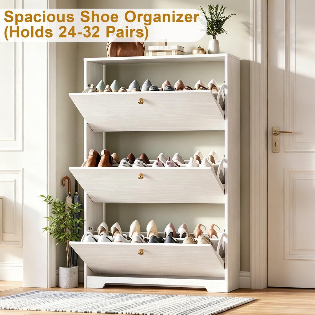 Skyhill Shoe Cabinet with 3 Flip Drawers,Modern Shoe Organizer for Entryway,White