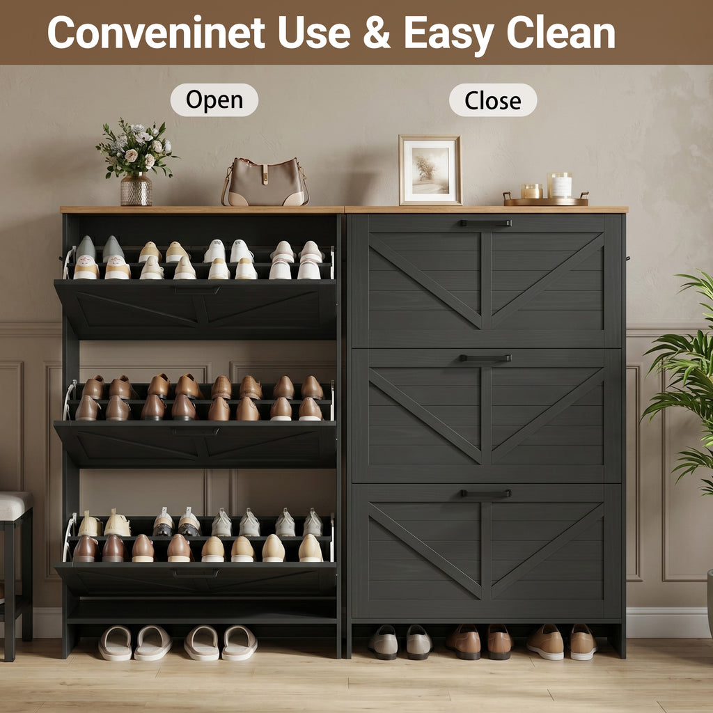 Skyhill Shoe Cabinet with 3 Flip Drawers, Farmhouse Shoe Storage Cabinet Organizer for Entryway, Black