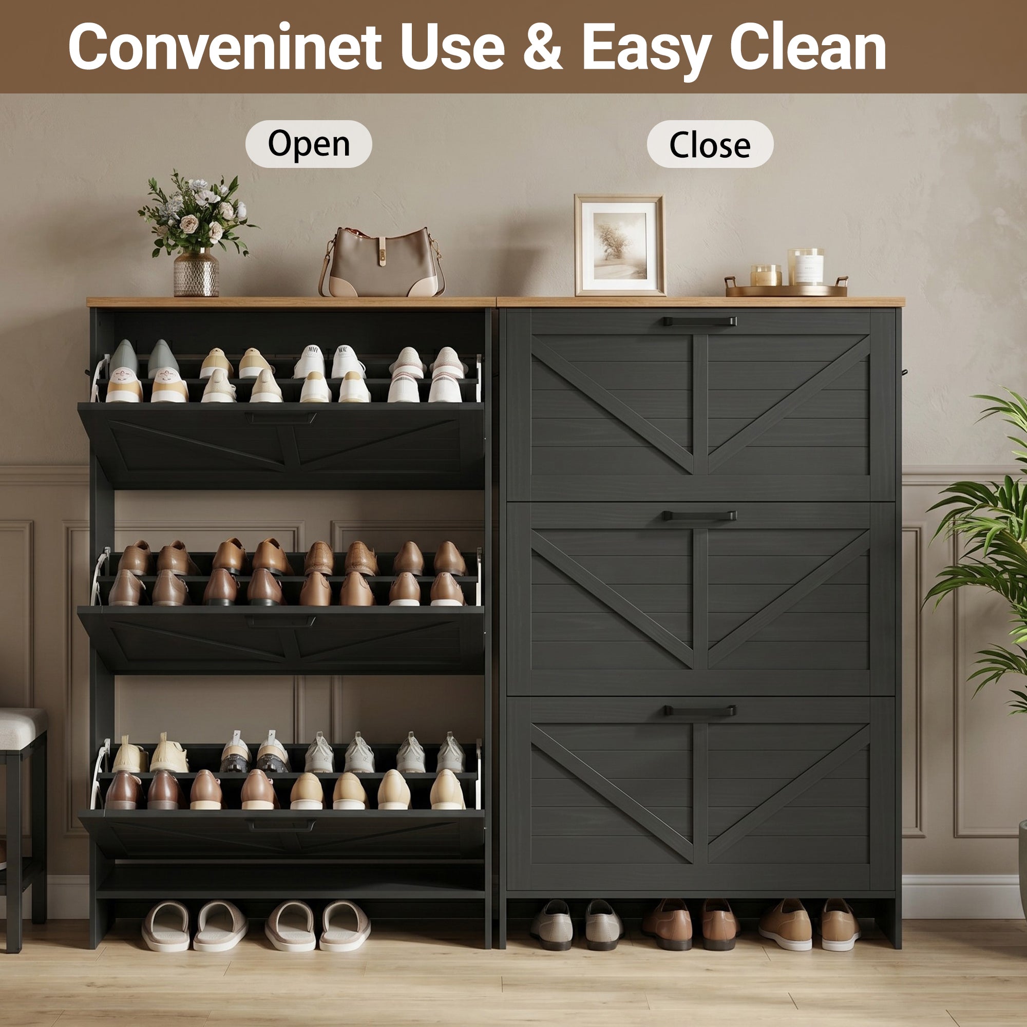Skyhill Shoe Cabinet with 3 Flip Drawers, Farmhouse Shoe Storage Cabinet Organizer for Entryway, Black