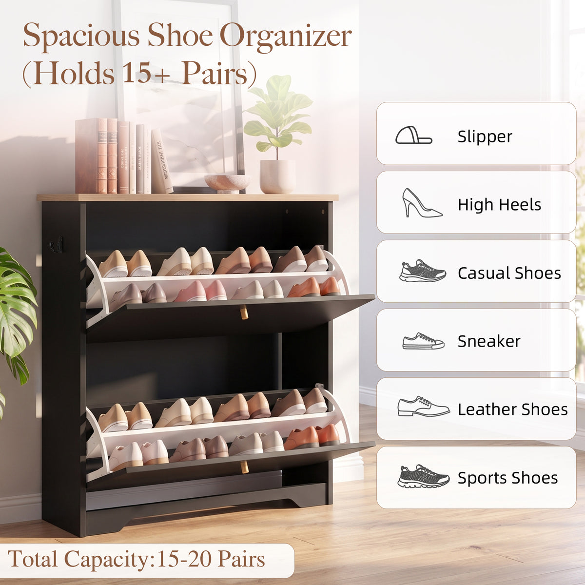 Skyhill Shoe Cabinet with 2 Flip Drawers,Freestanding Shoe Storage Organizer,White & Walnut 2-Tone Narrow Shoe Rack for Entryway,Black