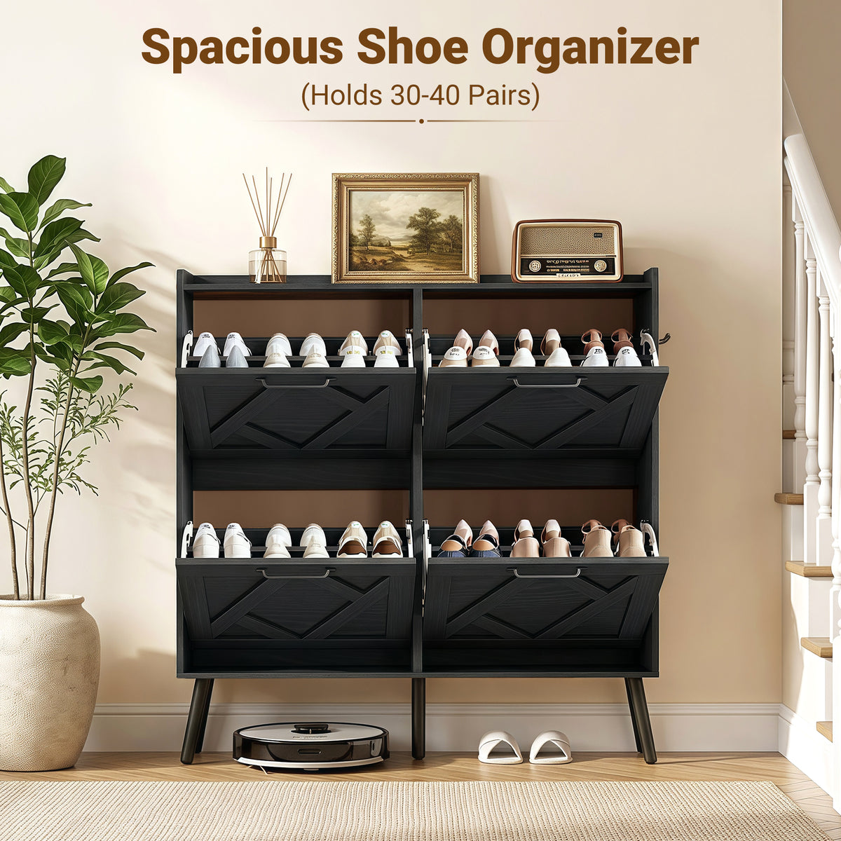 Skyhill Shoe Cabinet with 4 Flip Drawers,Farmhouse Shoe Storage Organizer for Entryway,Black