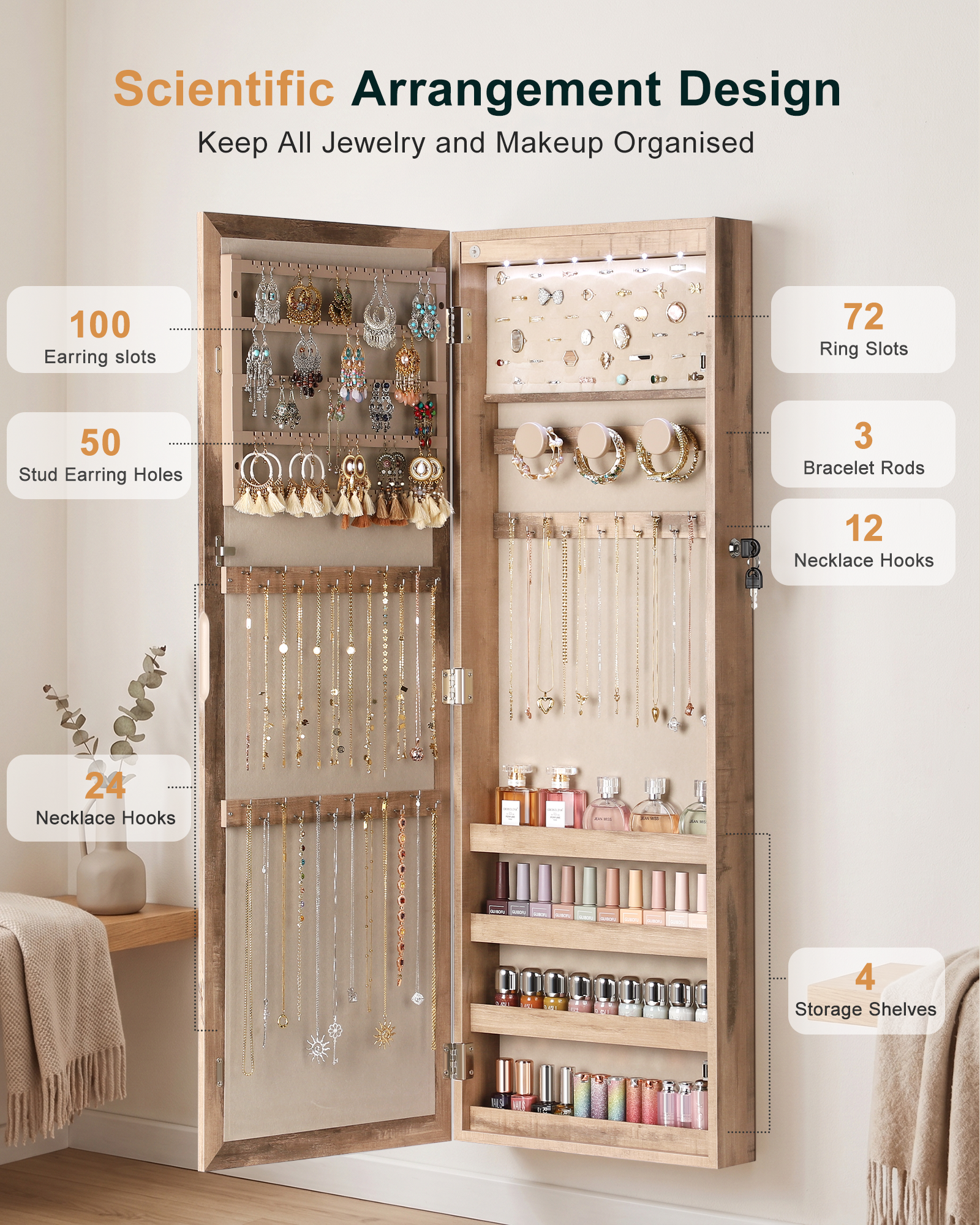 Skyhill Mirror Jewelry Cabinet, 40in Jewelry Armoire Organizer, Door or Wall Mounted, 6 LED Lights（Oak）