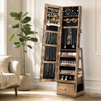 Skyhill 360°Swivel Jewelry Armoire, 60" Full Length Mirror Cabinet with 3 Rear Shelves, Bottom Drawer, Brown