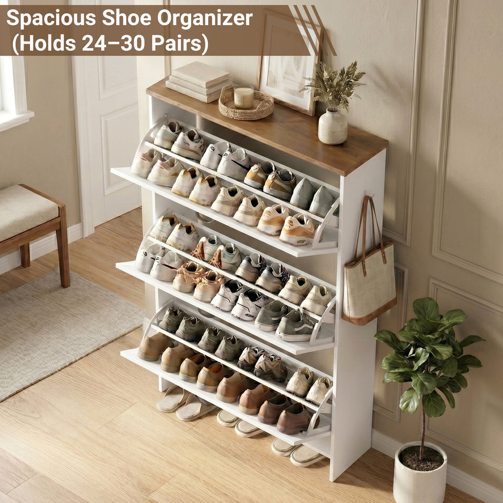 Skyhill Shoe Cabinet with 3 Flip Drawers, Farmhouse Shoe Storage Cabinet Organizer for Entryway, White