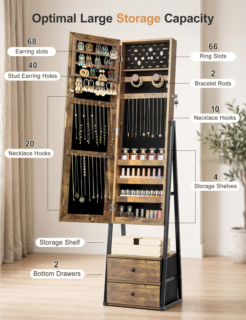 Skyhill Jewelry Cabinet Armoire, Full-Length Mirror Lockable with with 2 Drawers and Shelf（Brown）