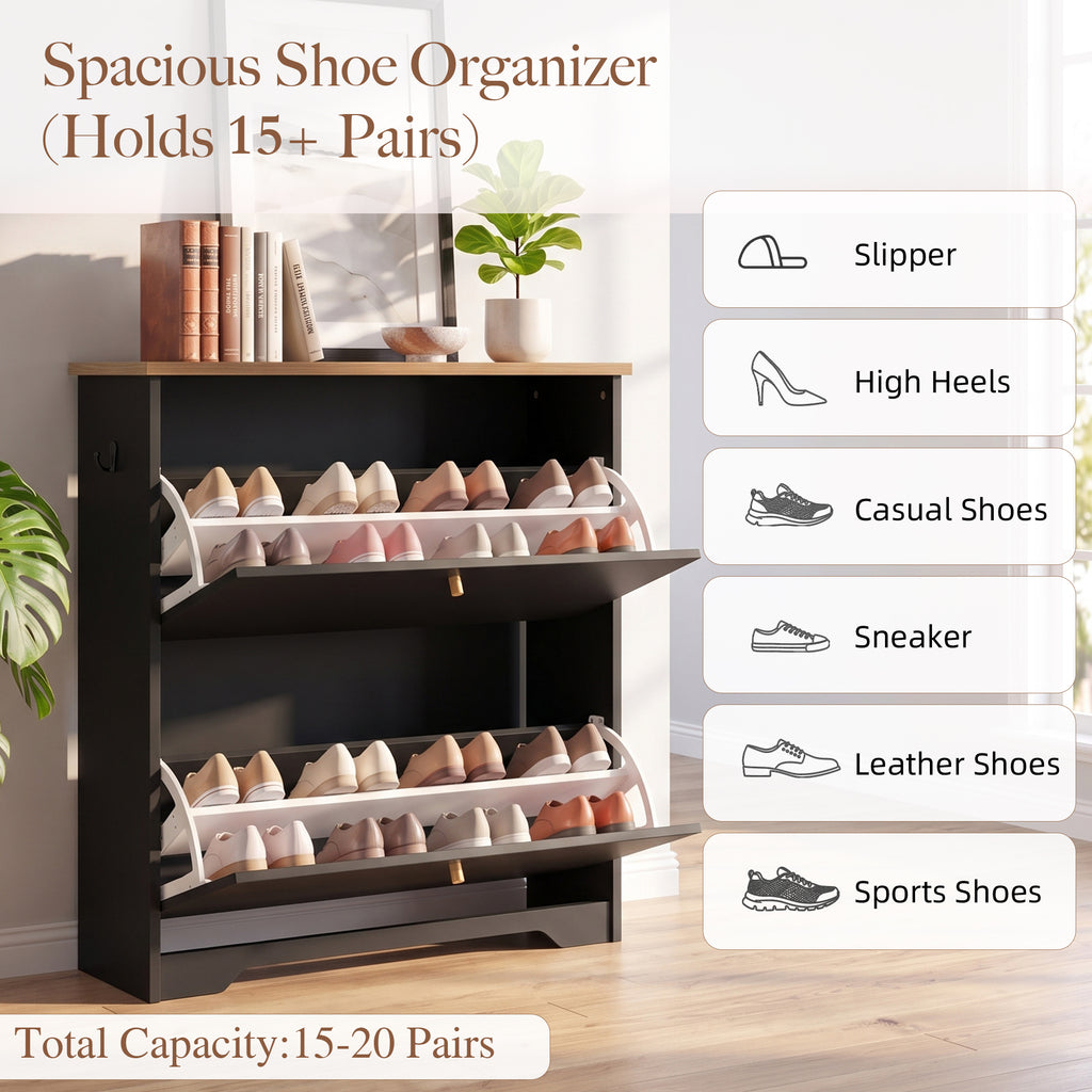 Skyhill Shoe Cabinet with 2 Flip Drawers,Freestanding Shoe Storage Organizer,White & Walnut 2-Tone Narrow Shoe Rack for Entryway,Black