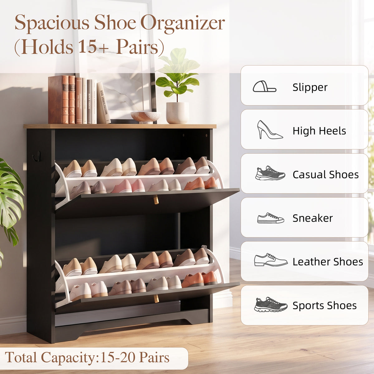Skyhill Shoe Cabinet with 2 Flip Drawers,Freestanding Shoe Storage Organizer,White & Walnut 2-Tone Narrow Shoe Rack for Entryway,Black